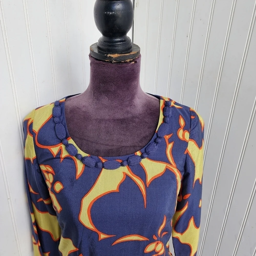 Ann Taylor LOFT Floral Knee Length Dress Navy Blue Green Orange 3/4 Sleeve 0P